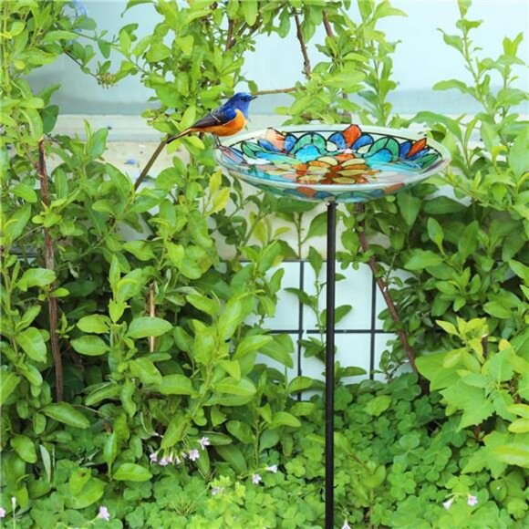 Bird Baths for Outdoors, Glass Birdbath Birdfeeder Bowl with Metal Stake - Picture 2 of 7